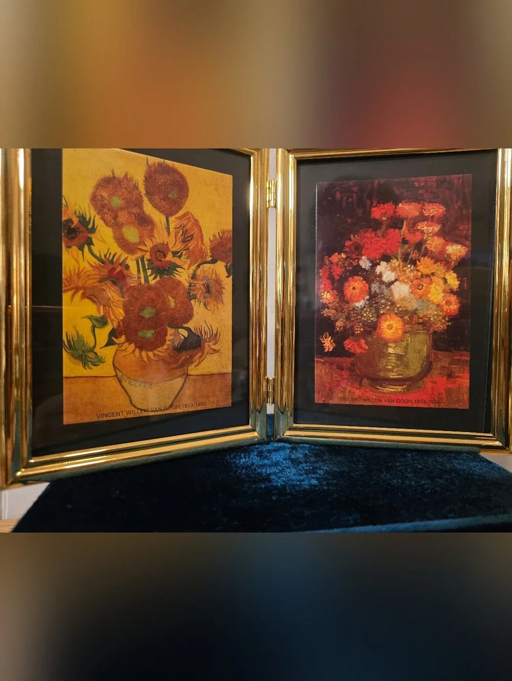 Vintage Brass Double Folding Frame Vincent Van Gogh Art Prints 7.5”x11.5”